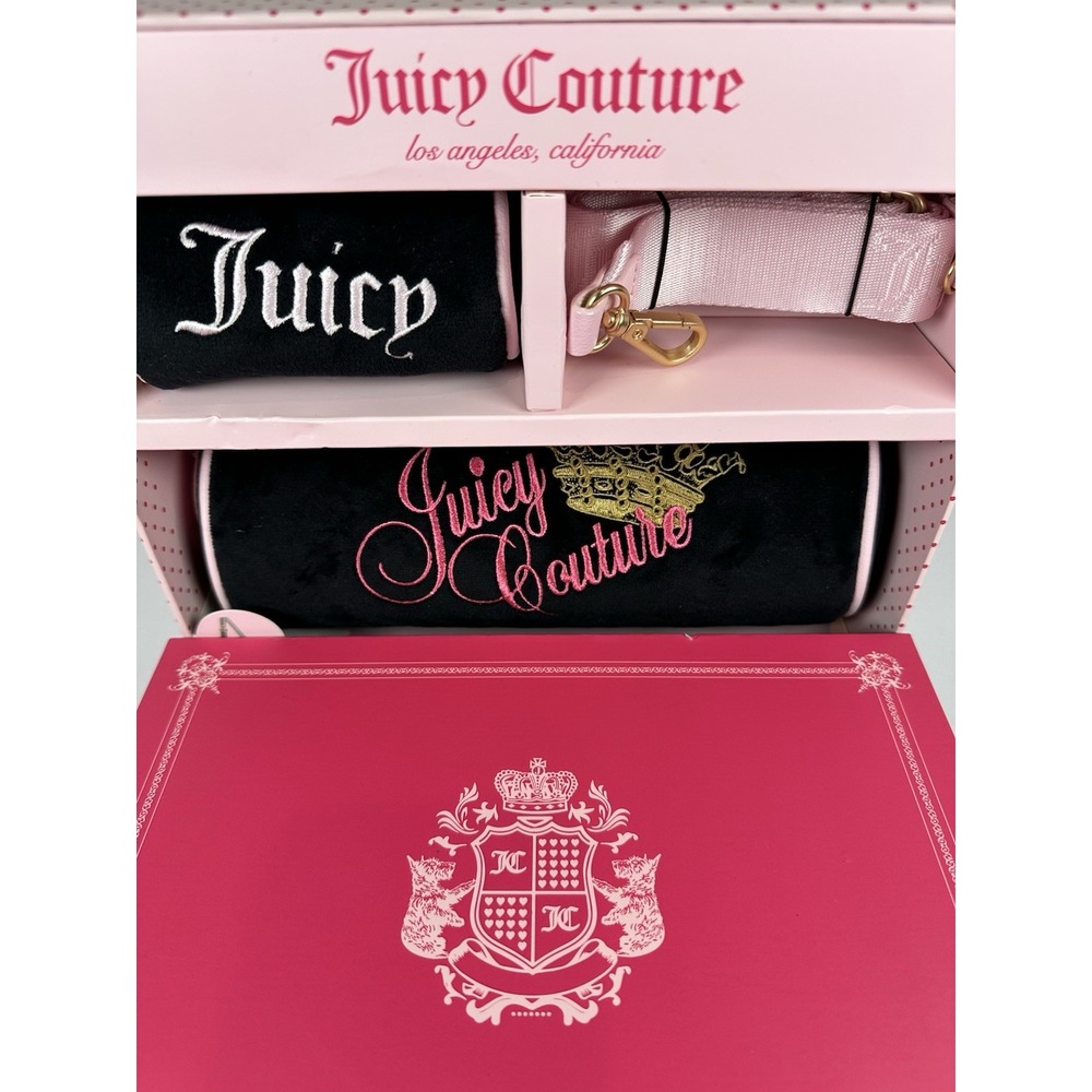 Juicy Couture Limited Edition 3PC Barrel Bag Set Crossbody & Micro Pouch Blk Pnk